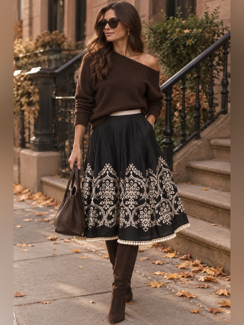 Ann Taylor VTG Embroidered Beaded Pom Pom Trim A-Line Midi Full Skirt in Black